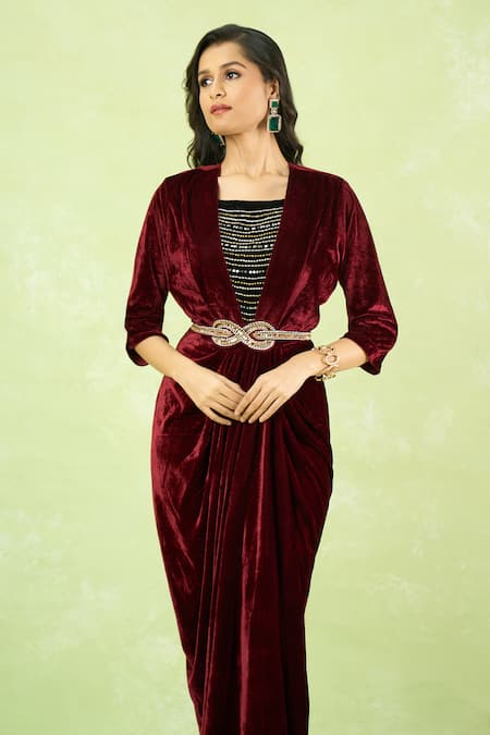 Shop_Samyukta Singhania_Maroon Velvet Embroidery, Rhinestones V-neck Hand Gown With Belt _Online_at_Aza_Fashions