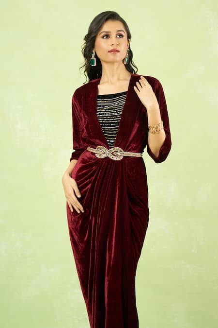 Samyukta Singhania_Maroon Velvet Embroidery, Rhinestones V-neck Hand Gown With Belt _at_Aza_Fashions