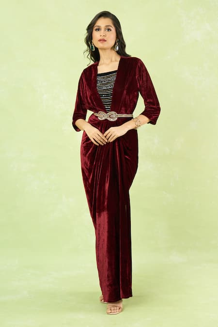 Samyukta Singhania Velvet Hand Embroidered Gown With Belt 