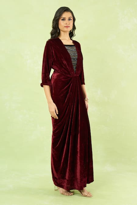 Shop_Samyukta Singhania_Maroon Velvet Embroidery, Rhinestones V-neck Hand Gown With Belt 