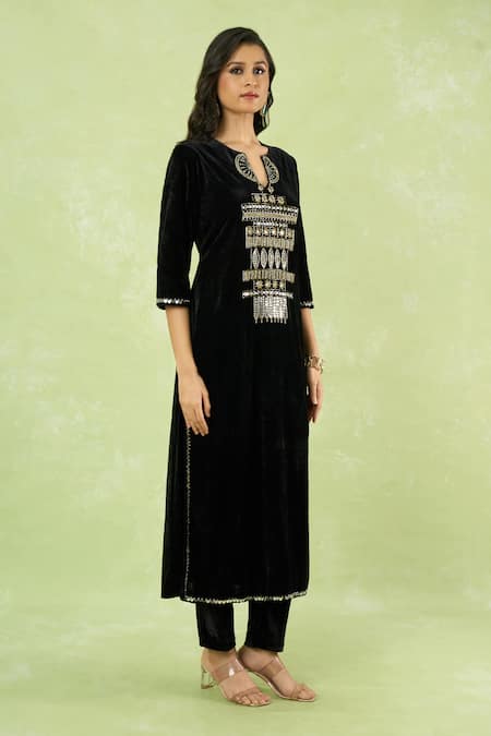 Shop_Samyukta Singhania_Black Velvet Embroidery, Mirrors, Sequins Split V-neck Hand Kurta And Pant Set _Online_at_Aza_Fashions