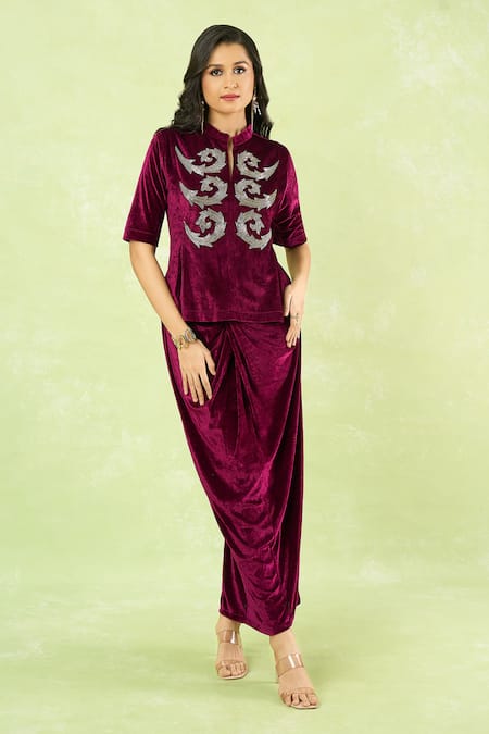 Samyukta Singhania Velvet Hand Embroidered Peplum Top & Knot Skirt 