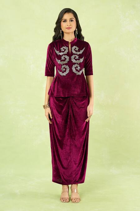 Buy_Samyukta Singhania_Wine Velvet Embroidery, Sequins, Metallic Thread Hand Peplum Top And Knot Skirt _Online_at_Aza_Fashions