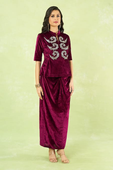 Samyukta Singhania_Wine Velvet Embroidery, Sequins, Metallic Thread Hand Peplum Top And Knot Skirt _at_Aza_Fashions