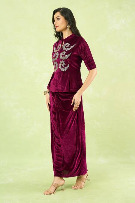 Shop_Samyukta Singhania_Wine Velvet Embroidery, Sequins, Metallic Thread Hand Peplum Top And Knot Skirt 