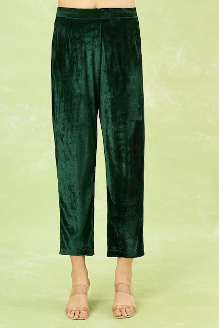 Samyukta Singhania_Green Velvet Sequins, Embroidery Round Neck Hand Kurta And Pant Set _at_Aza_Fashions