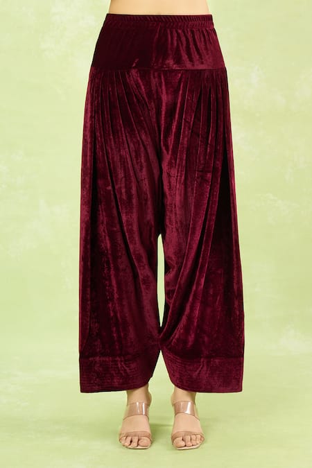 Buy_Samyukta Singhania_Maroon Velvet Embroidery, Zari Mandarin Collar Hand Kurta And Farshi Salwar Set _Online_at_Aza_Fashions