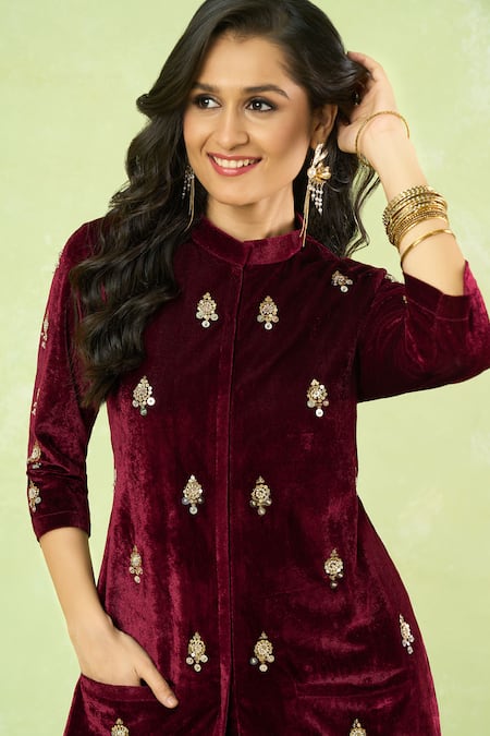 Shop_Samyukta Singhania_Maroon Velvet Embroidery, Zari Mandarin Collar Hand Kurta And Farshi Salwar Set _Online_at_Aza_Fashions