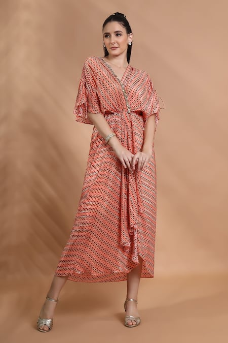 Shreya J Label_Peach Crepe Beads V-neck Ladderprint Hand Embroidered Draped Dress _Online_at_Aza_Fashions