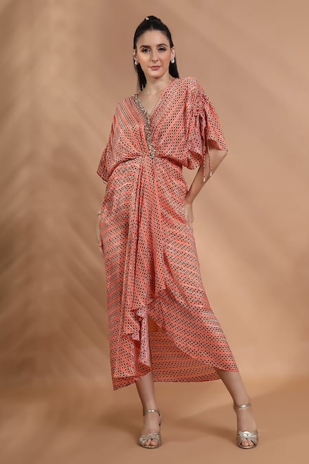 Buy_Shreya J Label_Peach Crepe Beads V-neck Ladderprint Hand Embroidered Draped Dress _Online_at_Aza_Fashions
