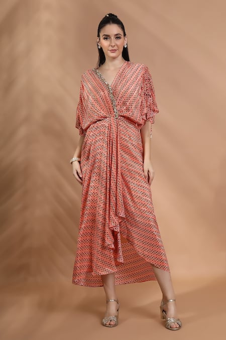 Shop_Shreya J Label_Peach Crepe Beads V-neck Ladderprint Hand Embroidered Draped Dress _Online_at_Aza_Fashions