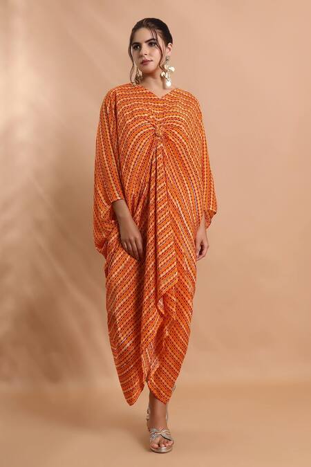 Shreya J Label_Orange Crepe V-neck Ladder Print Kaftan _Online_at_Aza_Fashions