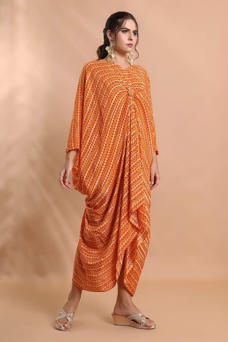 Buy_Shreya J Label_Orange Crepe V-neck Ladder Print Kaftan _Online_at_Aza_Fashions
