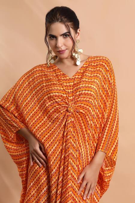 Shop_Shreya J Label_Orange Crepe V-neck Ladder Print Kaftan _Online_at_Aza_Fashions