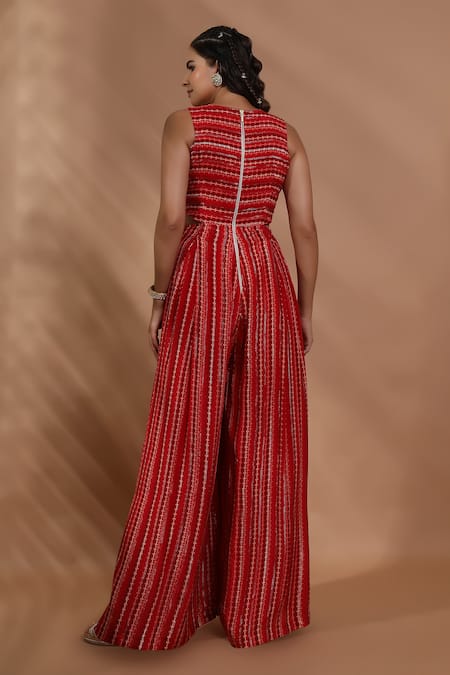 Shreya J Label Lurex Ladderprint Hand Embroidered Jumpsuit 