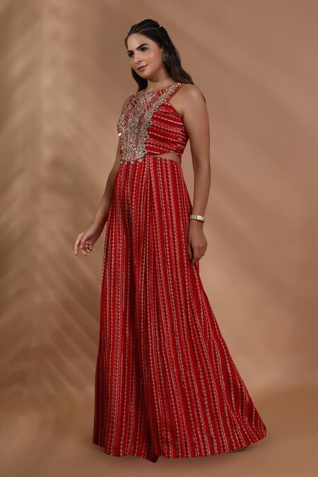 Shreya J Label_Red Crepe Embroidery, Sequins, Mirrors Round Lurex Ladderprint Hand Jumpsuit _Online_at_Aza_Fashions