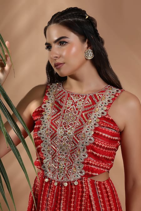Buy_Shreya J Label_Red Crepe Embroidery, Sequins, Mirrors Round Lurex Ladderprint Hand Jumpsuit _Online_at_Aza_Fashions