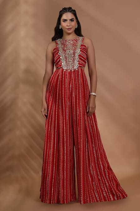 Shreya J Label Lurex Ladderprint Hand Embroidered Jumpsuit 