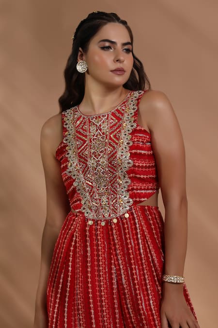 Shop_Shreya J Label_Red Crepe Embroidery, Sequins, Mirrors Round Lurex Ladderprint Hand Jumpsuit _Online_at_Aza_Fashions