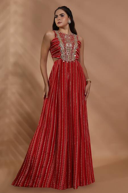Shreya J Label_Red Crepe Embroidery, Sequins, Mirrors Round Lurex Ladderprint Hand Jumpsuit _at_Aza_Fashions