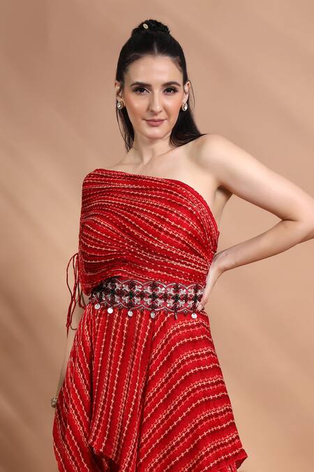 Shreya J Label_Red Chinon Embroidery, Sequins, Tassels One Ruched Tunic And Sharara Set _Online_at_Aza_Fashions
