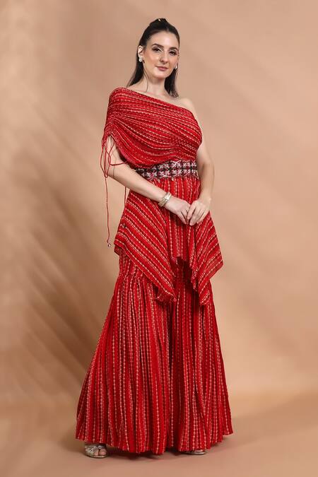 Buy_Shreya J Label_Red Chinon Embroidery, Sequins, Tassels One Ruched Tunic And Sharara Set _Online_at_Aza_Fashions