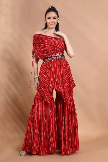 Shop_Shreya J Label_Red Chinon Embroidery, Sequins, Tassels One Ruched Tunic And Sharara Set _Online_at_Aza_Fashions