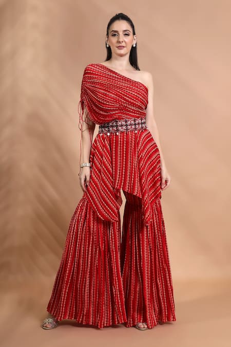 Shreya J Label Ruched One Shoulder Tunic & Sharara Set 