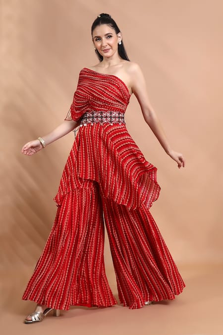 Shreya J Label_Red Chinon Embroidery, Sequins, Tassels One Ruched Tunic And Sharara Set _at_Aza_Fashions