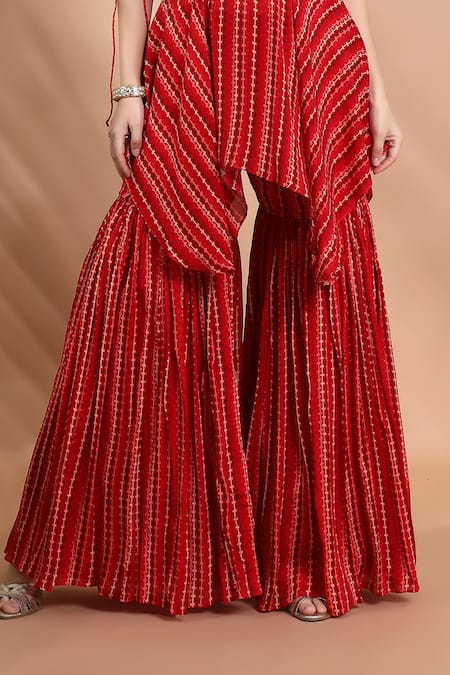 Shop Shreya J Label Red Chinon Embroidery, Sequins, Tassels One Ruched Tunic And Sharara Set Shop_Shreya J Label_Red Chinon Embroidery, Sequins, Tassels One Ruched Tunic And Sharara Set