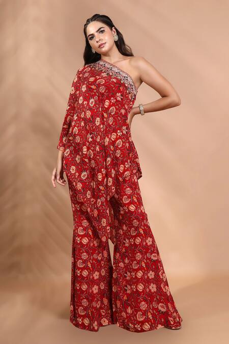 Buy_Shreya J Label_Red Crepe Embroidery, Sequins, Beads One Shoulder Floral Tunic Set _Online_at_Aza_Fashions