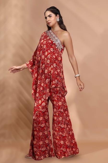 Shop_Shreya J Label_Red Crepe Embroidery, Sequins, Beads One Shoulder Floral Tunic Set _Online_at_Aza_Fashions