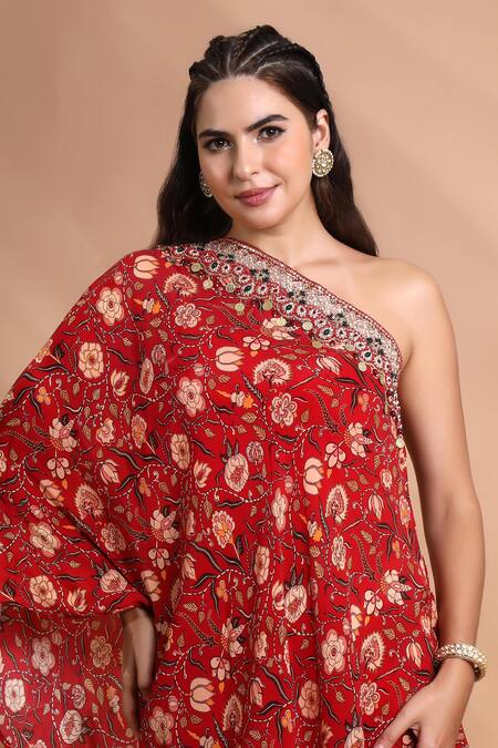 Shreya J Label_Red Crepe Embroidery, Sequins, Beads One Shoulder Floral Tunic Set _at_Aza_Fashions