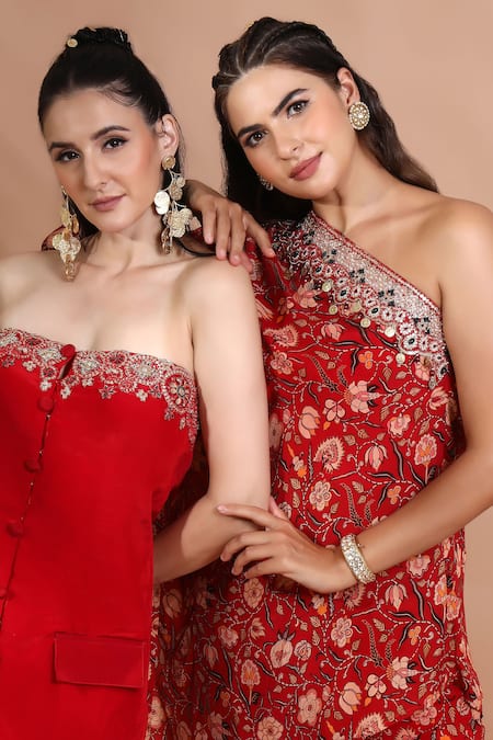 Shop_Shreya J Label_Red Crepe Embroidery, Sequins, Beads One Shoulder Floral Tunic Set 