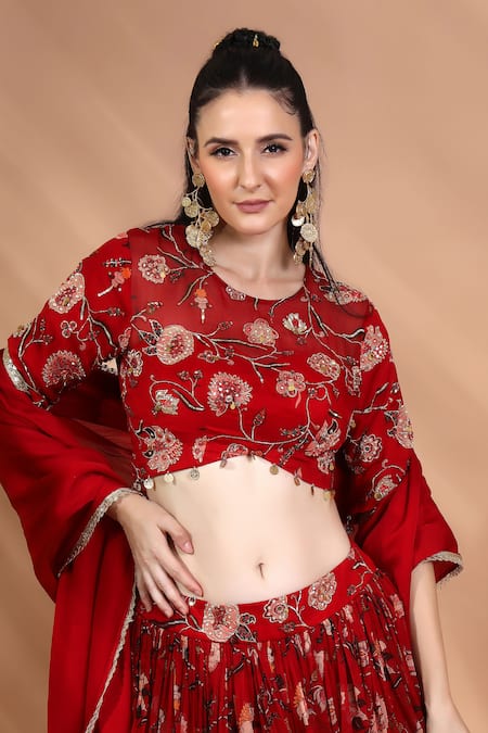 Buy_Shreya J Label_Red Organza Embroidery, Sequins, Zari, Floral Printed Lehenga Blouse Set _Online_at_Aza_Fashions