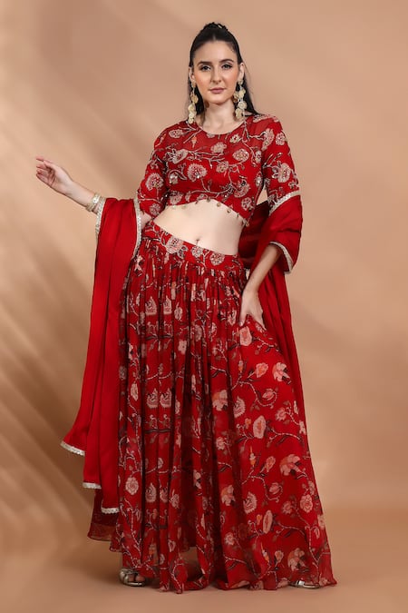 Shop_Shreya J Label_Red Organza Embroidery, Sequins, Zari, Floral Printed Lehenga Blouse Set _Online_at_Aza_Fashions