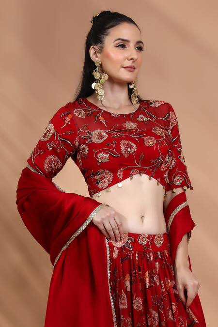 Shreya J Label_Red Organza Embroidery, Sequins, Zari, Floral Printed Lehenga Blouse Set _at_Aza_Fashions