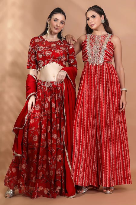 Buy_Shreya J Label_Red Organza Embroidery, Sequins, Zari, Floral Printed Lehenga Blouse Set 