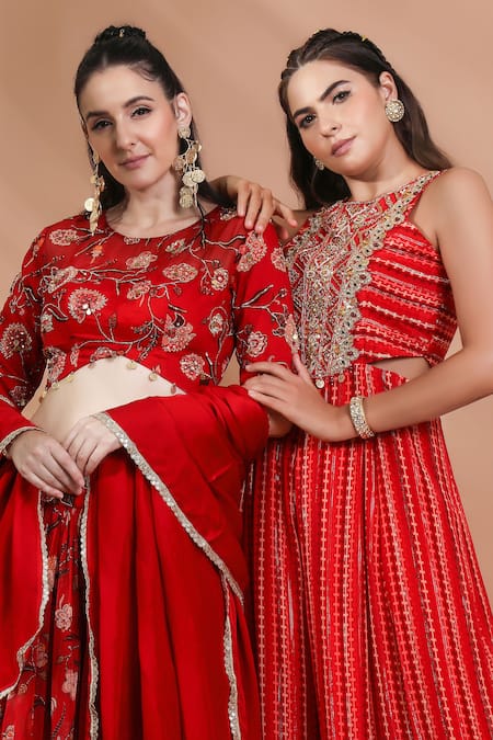 Shop_Shreya J Label_Red Organza Embroidery, Sequins, Zari, Floral Printed Lehenga Blouse Set 