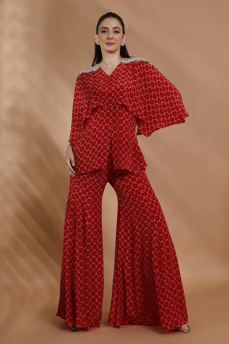 Shreya J Label Geometric Print Cape Top & Sharara Set 