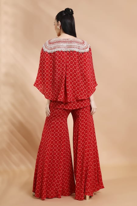 Shreya J Label Geometric Print Cape Top & Sharara Set 