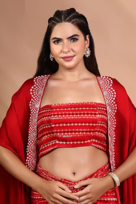 Shreya J Label_Red Crepe Embroidery, Beads Open Neck Ladderprint Cape And Skirt Set _Online_at_Aza_Fashions