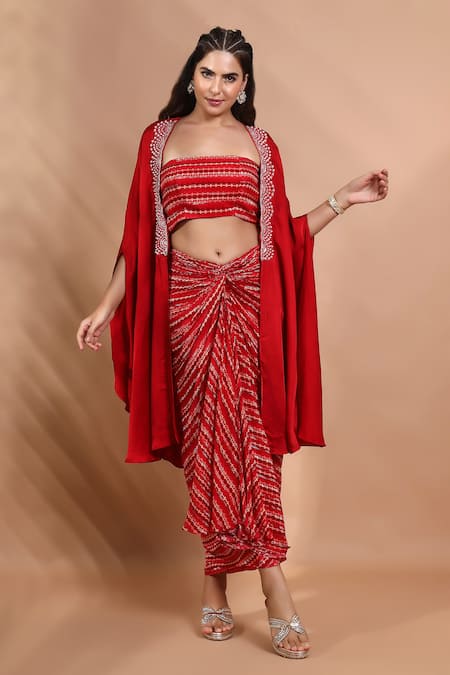 Buy_Shreya J Label_Red Crepe Embroidery, Beads Open Neck Ladderprint Cape And Skirt Set _Online_at_Aza_Fashions