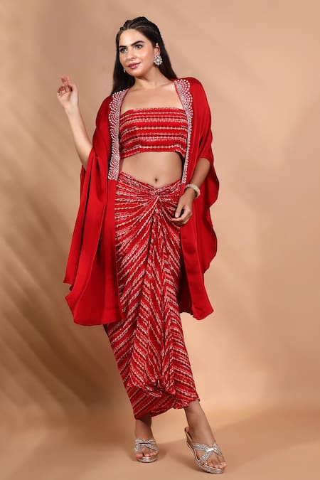 Shop_Shreya J Label_Red Crepe Embroidery, Beads Open Neck Ladderprint Cape And Skirt Set _Online_at_Aza_Fashions
