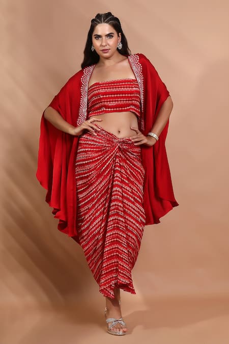 Shreya J Label_Red Crepe Embroidery, Beads Open Neck Ladderprint Cape And Skirt Set _at_Aza_Fashions