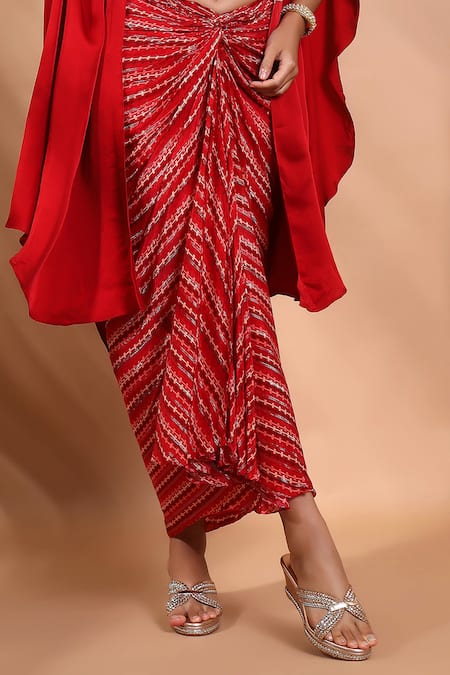 Buy_Shreya J Label_Red Crepe Embroidery, Beads Open Neck Ladderprint Cape And Skirt Set 