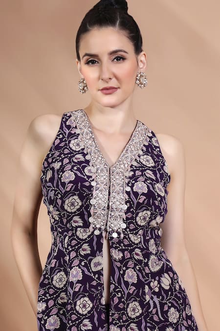 Shop_Shreya J Label_Purple Crepe Embroidery, Sequins V-neck Floral Hand Kurta Set _Online_at_Aza_Fashions