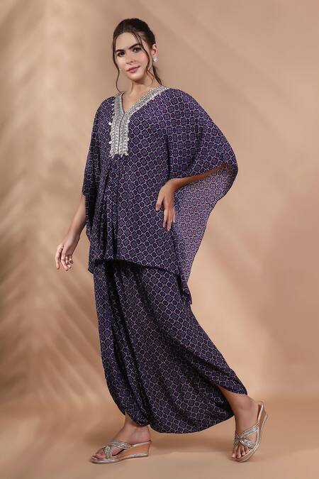 Buy_Shreya J Label_Purple Crepe Embroidery V-neck Hand Kaftan And Dhoti Pant Set _Online_at_Aza_Fashions