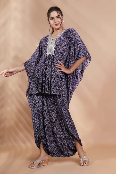 Shop_Shreya J Label_Purple Crepe Embroidery V-neck Hand Kaftan And Dhoti Pant Set _Online_at_Aza_Fashions