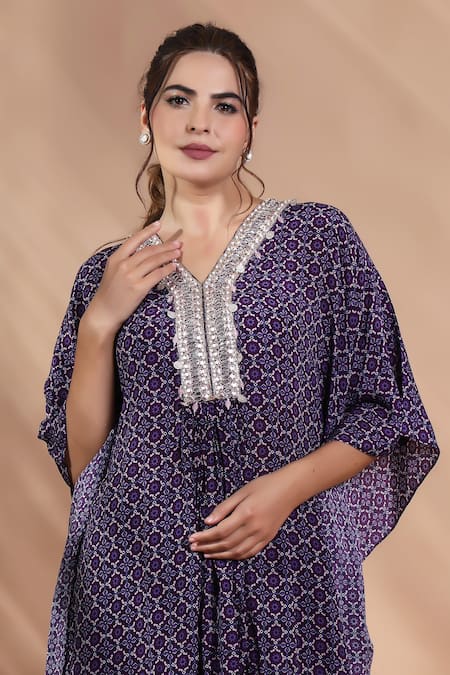Buy_Shreya J Label_Purple Crepe Embroidery V-neck Hand Kaftan And Dhoti Pant Set 